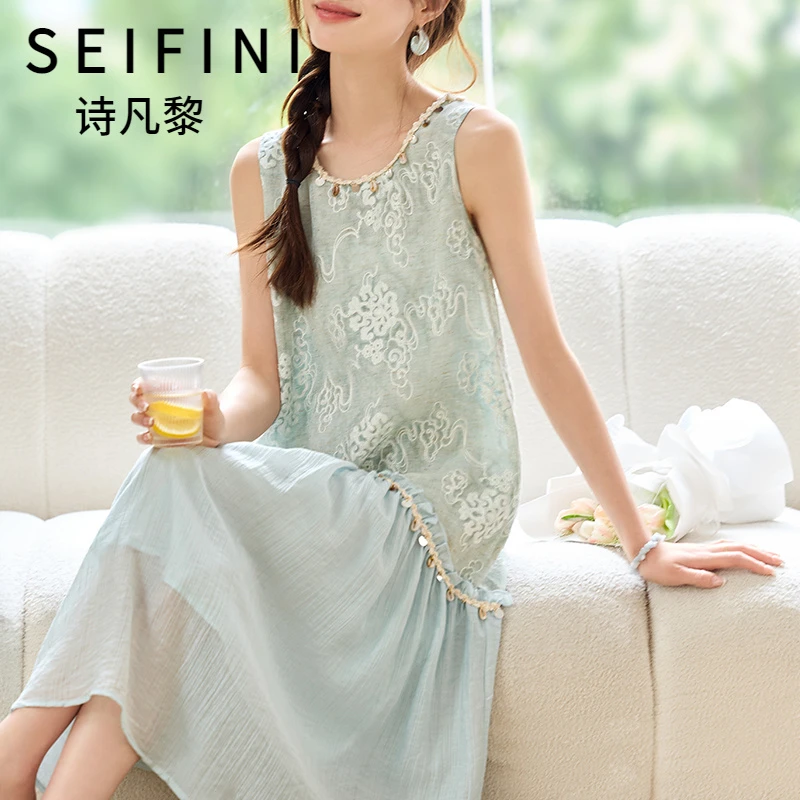 SEIFINI/诗凡黎折扣女装气质国风连衣裙通勤显瘦减龄刺绣亮片长裙