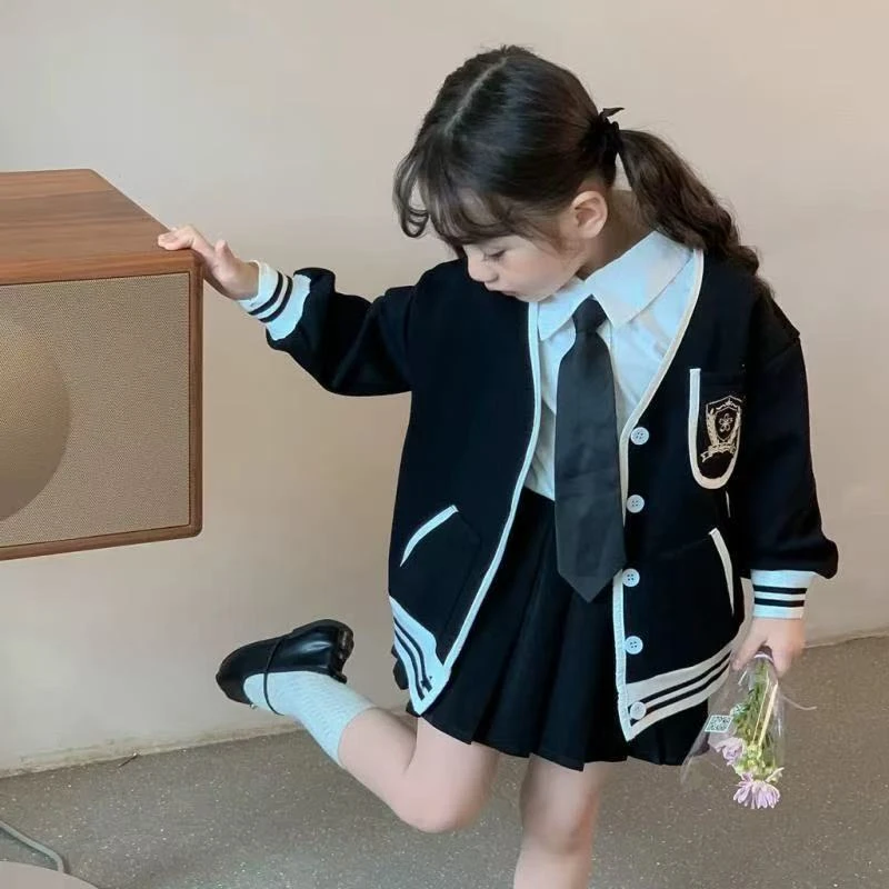 女童套装春秋2025新款儿童jk学院风网红洋气上衣休闲百褶裙三件套