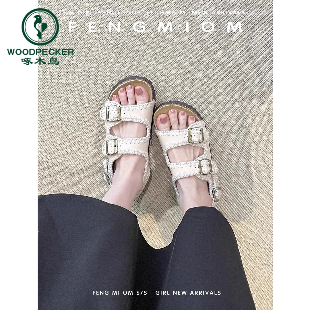 啄木鸟厚底勃肯鞋休闲露趾凉鞋女2025新款外穿沙滩度假罗马凉拖鞋