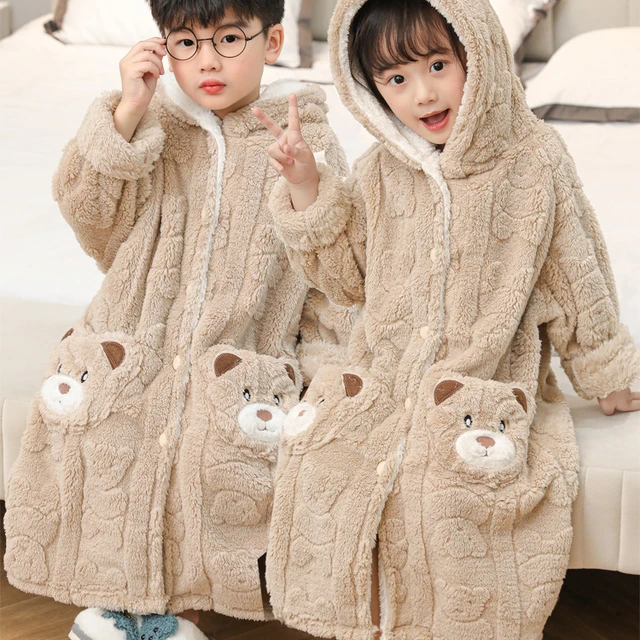 儿童加厚睡袍提花男童中大童珊瑚绒睡衣家居服女童冬季法兰绒浴袍