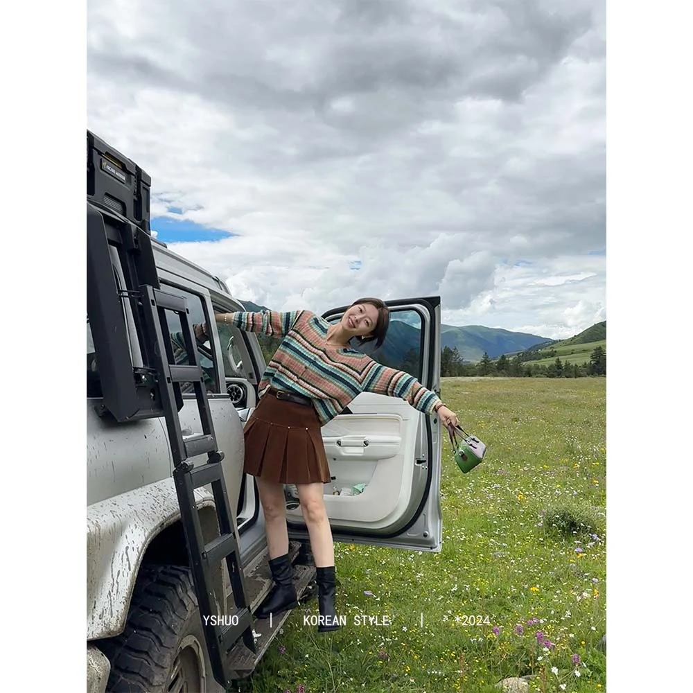 【闪耀彩虹】条纹复古百搭撞色v领宽松单排扣针织开衫 24551