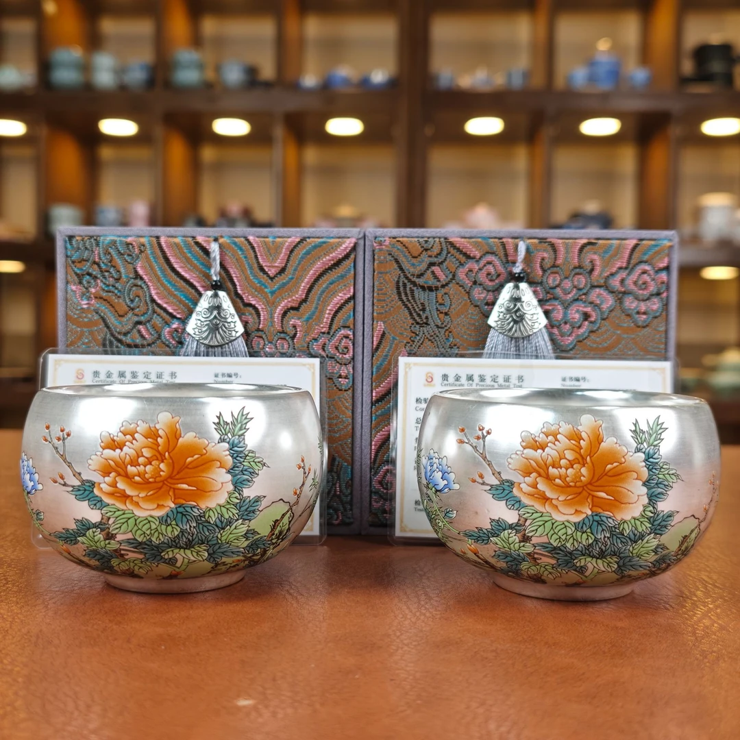 国色牡丹鎏银杯15752g