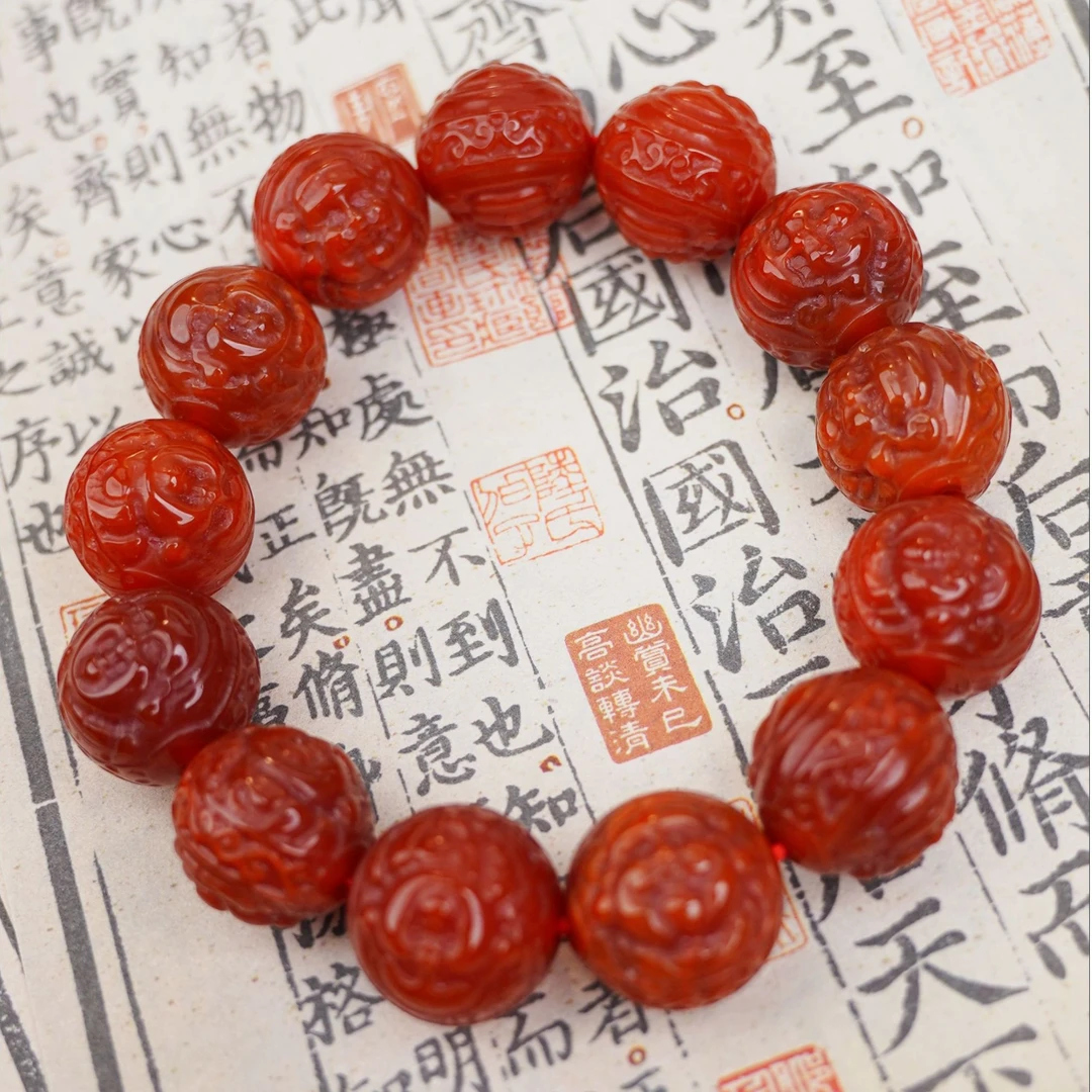 清代  GZ1180 老型南红玛瑙 龙纹手串-FS