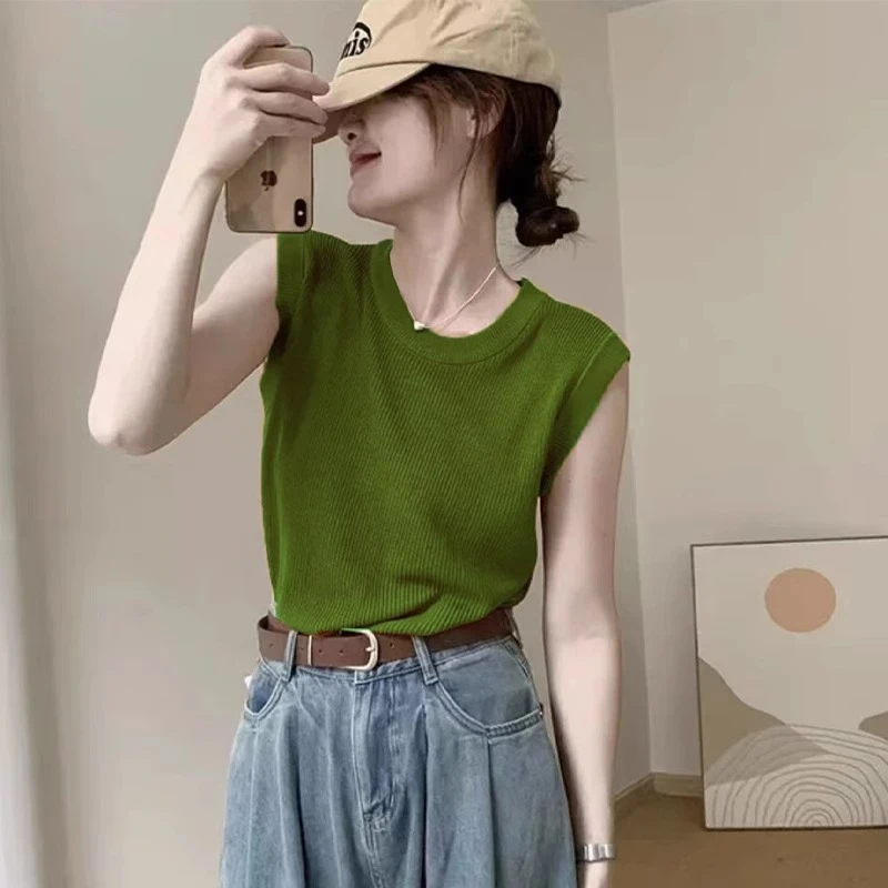 2025夏季新款韩系设计感冰丝打底衫时尚显瘦背心韩版正肩t恤上衣