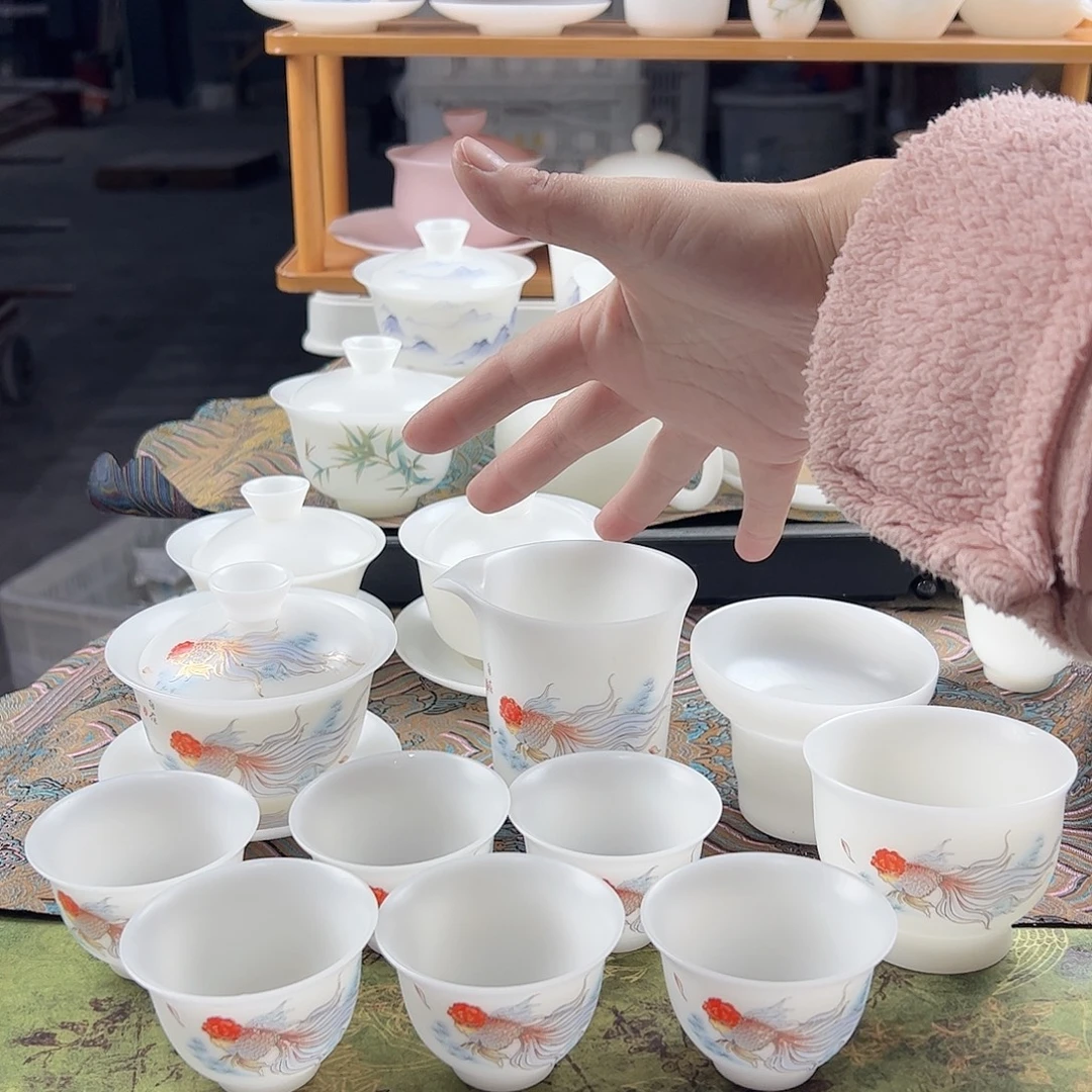 素烧璞玉盖碗170ml茶海过滤组6个60ml反口杯压手杯-锦鲤款
