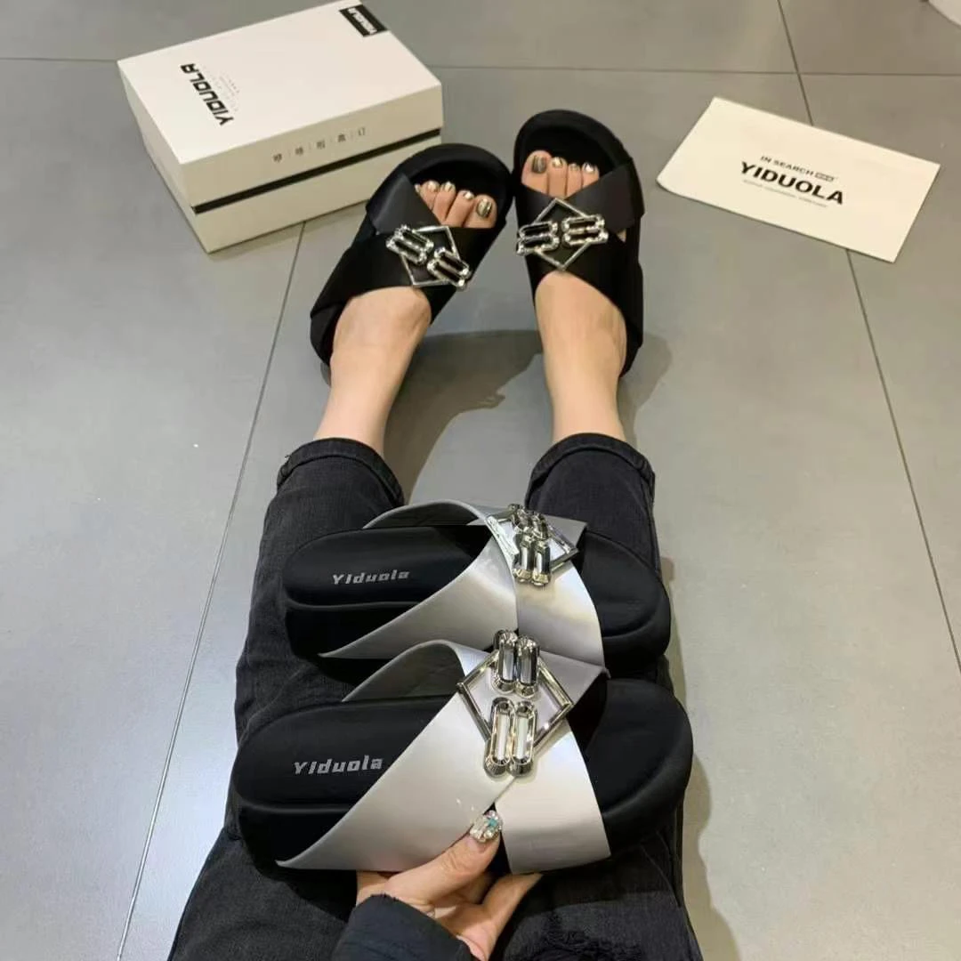 广州欧货【西装灰】夏季5cm露趾交叉沙滩面包休闲百搭平底拖鞋