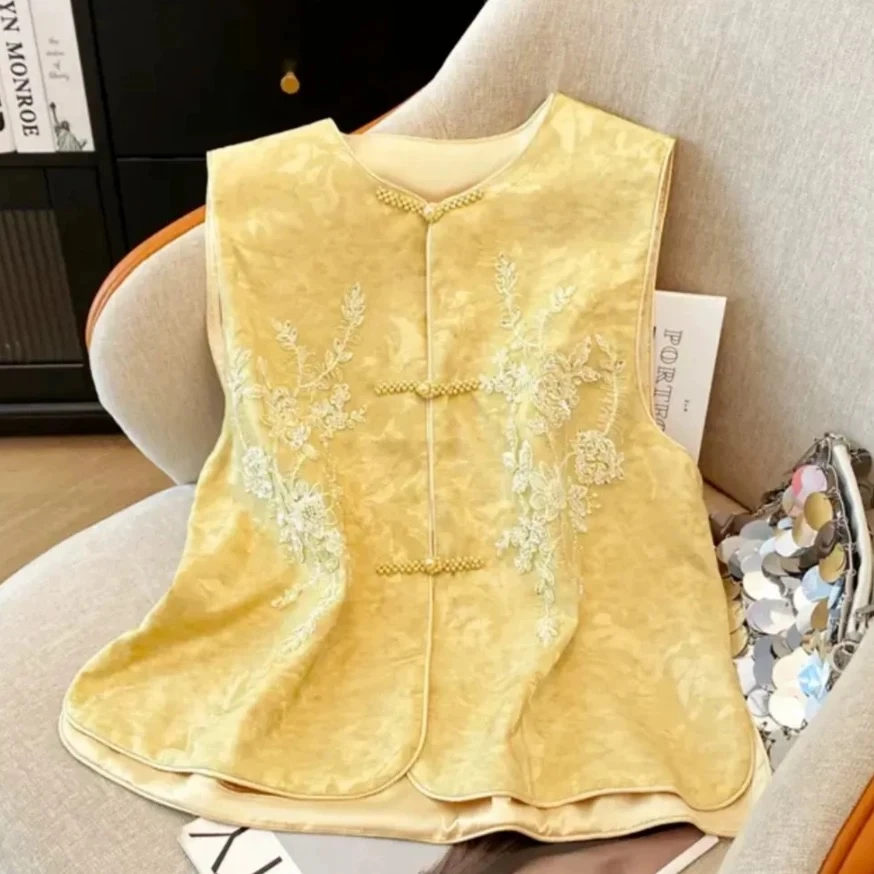 【炒色】夏款复古重工绣花高级感新中式新国风百搭女马夹新款