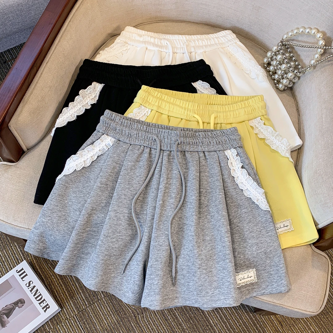 蕾丝拼接运动休闲短裤女2025夏季新款韩版宽松百搭松紧腰a字热裤