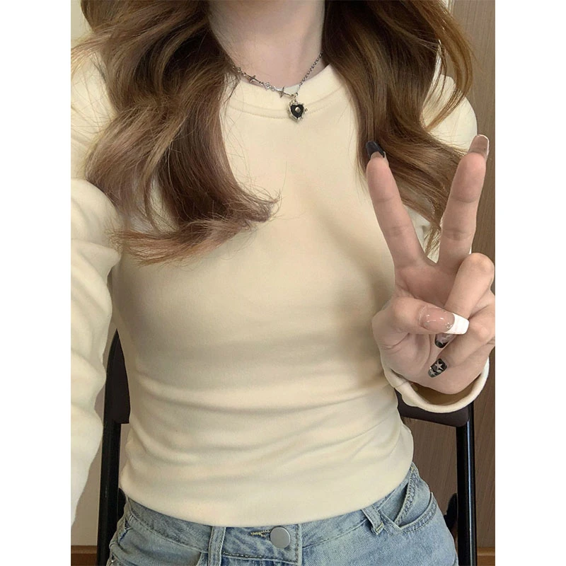 韩系氛围感德绒加厚长袖T恤女秋冬季叠穿内搭修身显瘦打底衫上衣