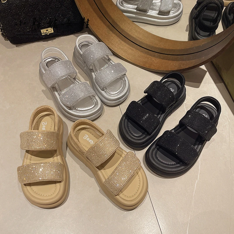 新款时尚魔术贴凉鞋女夏季百搭休闲超纤鞋面橡胶底一脚蹬沙滩鞋