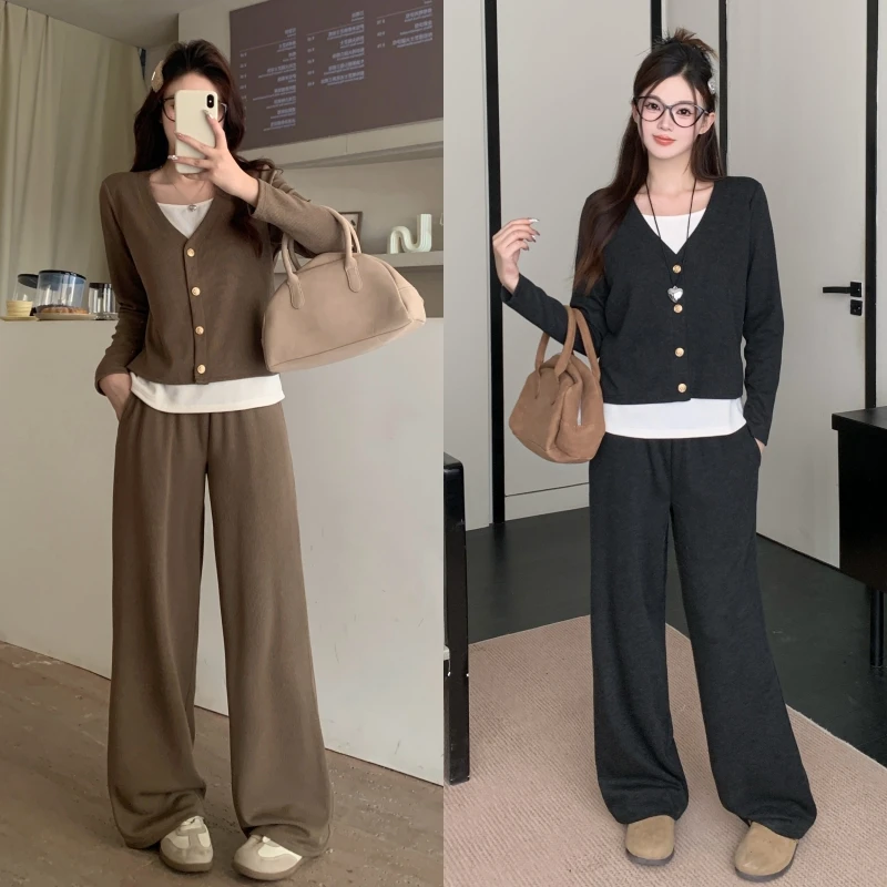 大码女装胖MM长袖假两件上衣+阔腿裤时尚两件套装6714