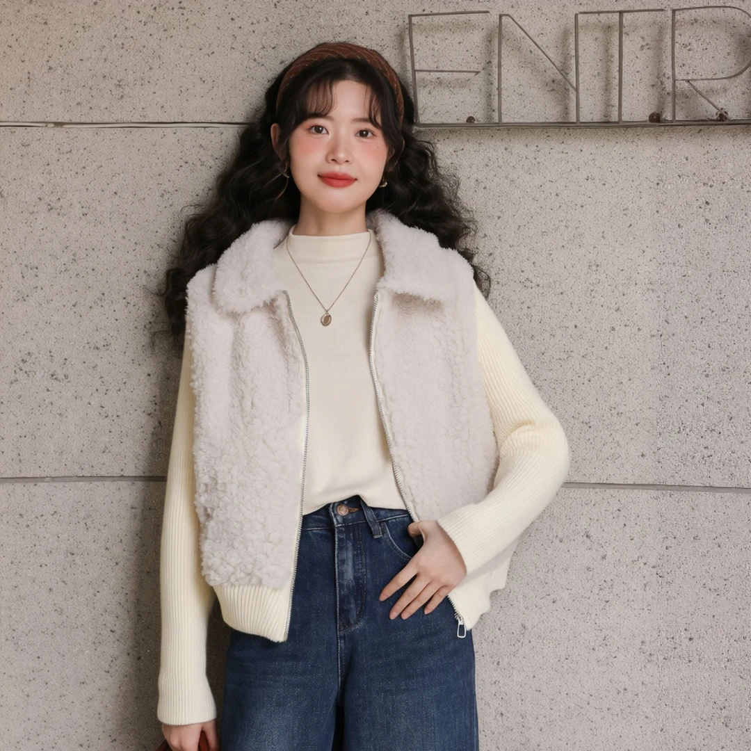 慕兔法式毛绒拼接翻领长袖短外套女2025冬新款宽松百搭显瘦上衣