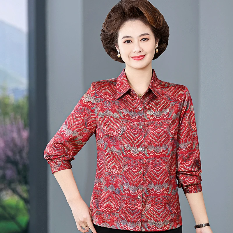 奶奶夏装冰丝翻领衬衫中老年女装七分袖衬衣服新款洋气t恤妈妈装