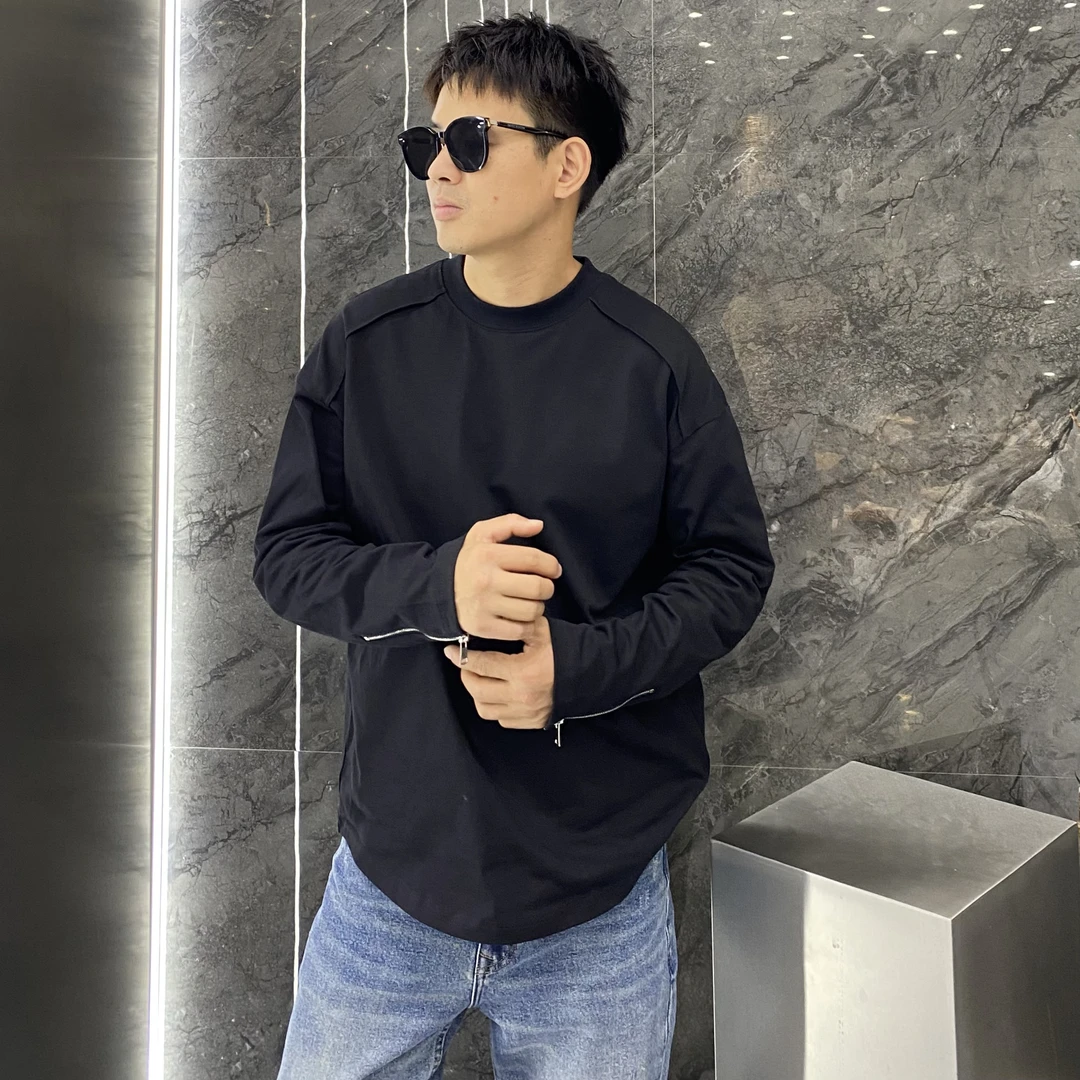 秋季袖口拉链重磅纯棉弧形下摆立体裁剪纯色长袖T恤微宽松打底衫