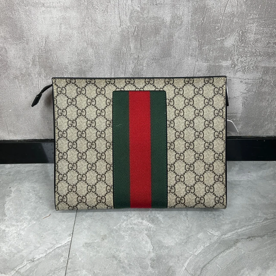 95新 GUCCI/古驰 复古老花Logo条纹织带 帆布 手拿包