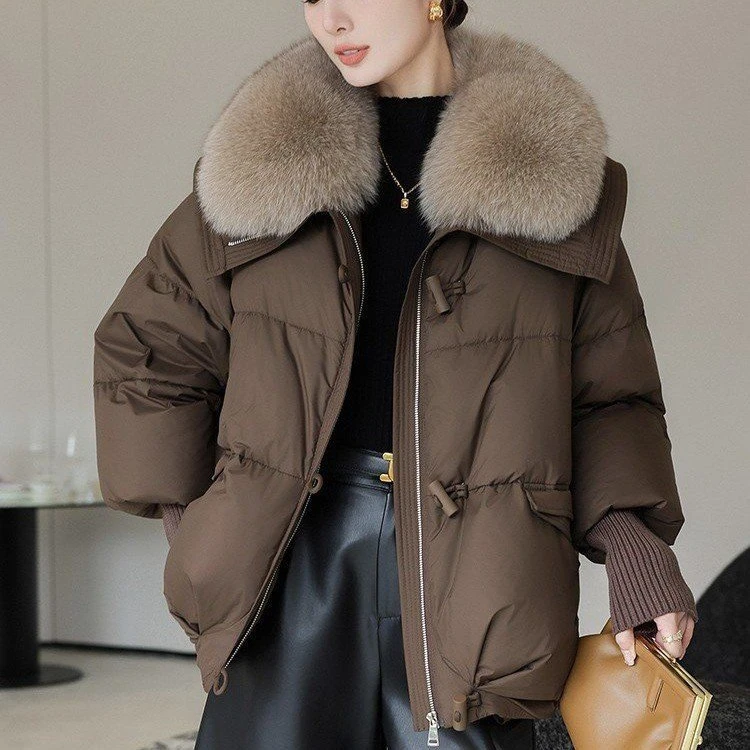 2025冬季新款服女短款韩版宽松棉衣女超大毛领加厚时尚棉袄