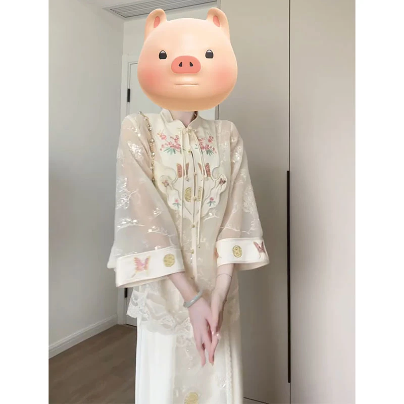 新中式国风法式复古名媛千金风高级感杏色连衣裙套装女2025年夏季