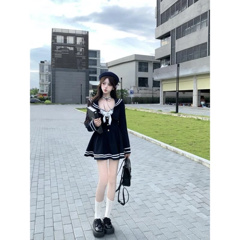 秋季收腰显瘦纯欲甜美学院风蝴蝶结吊带连衣裙+短外套两件套装女