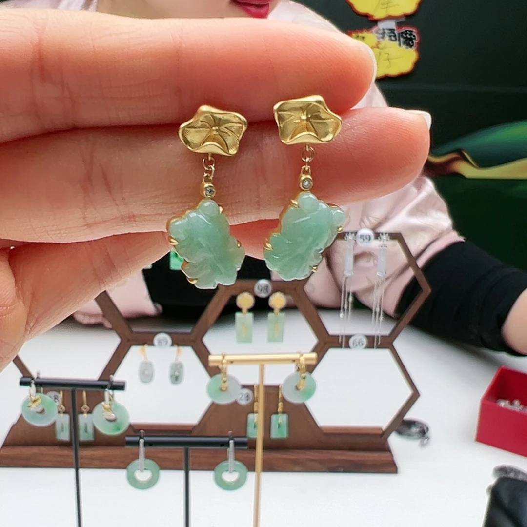 翡翠耳饰18K金镶嵌天然翡翠耳饰18k金镶嵌