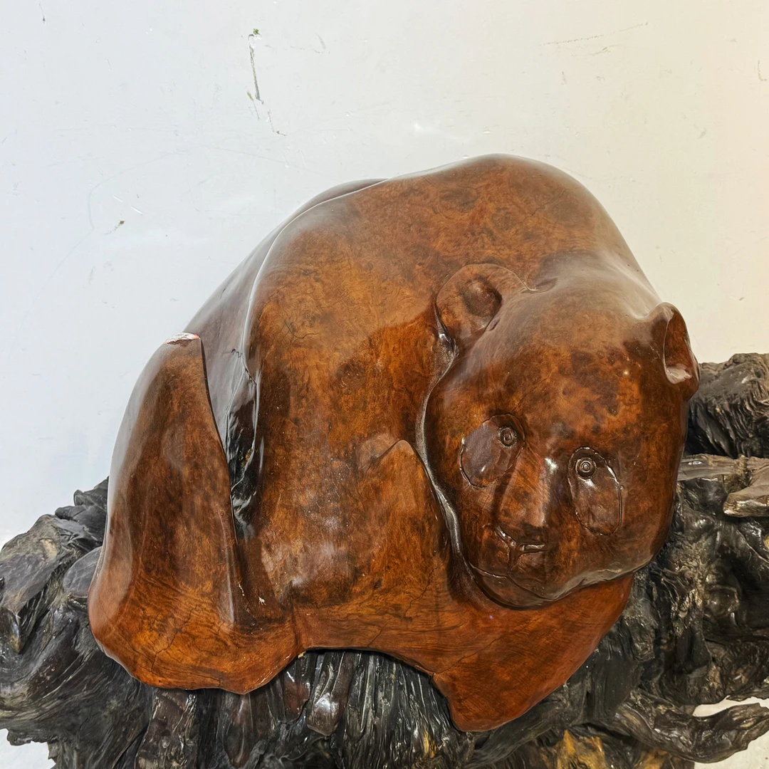 乌木金丝楠木大熊猫摆件，树瘤瘤花纹，寓意：招财进宝，财源广进