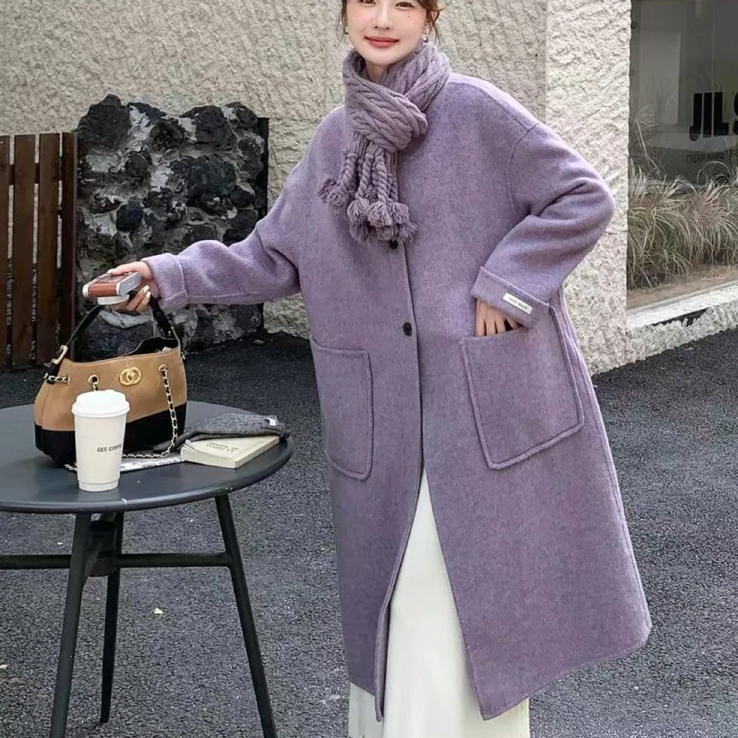韩系气质紫色中长款毛呢外套配围巾秋冬新款显瘦大衣