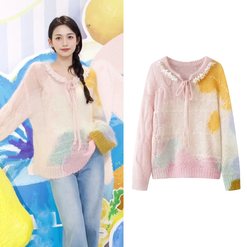 【筱】2025年春季新品混色浮线设计马海毛嵌花针织套头上衣女E5133