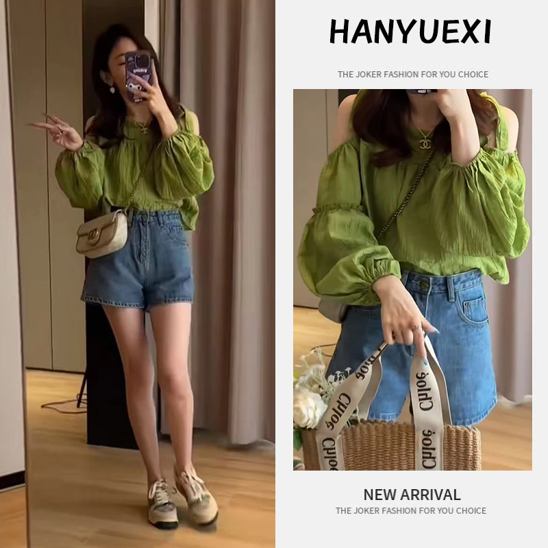 今年流行穿搭一整套2025新款绑带露肩褶皱设计上衣宽松牛仔裤套装