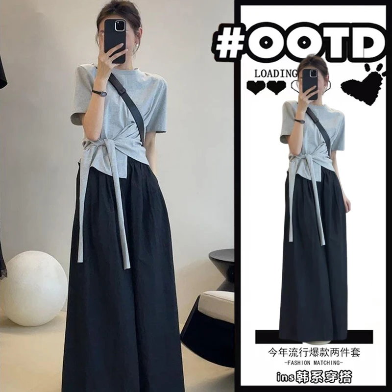 夏季套装女2025新款韩版时尚设计感绑带短袖上衣休闲阔腿裤两件套