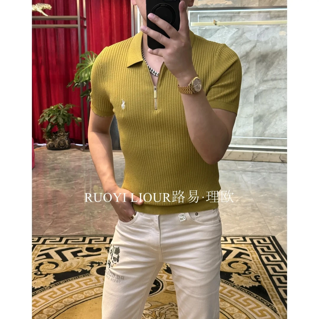 【路易理欧】25夏季纯色时尚刺绣胸标拉链款百搭男士短袖T恤0326