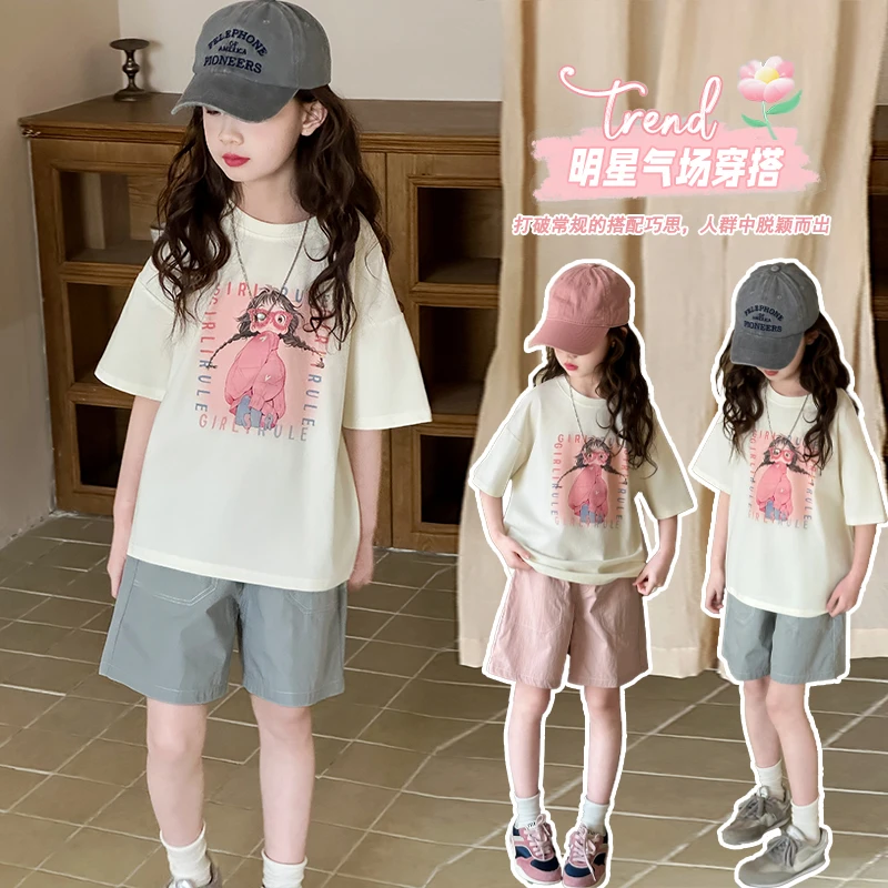 女童2025夏季新款T恤套装女孩可爱卡通印花韩系夏天清爽两件套
