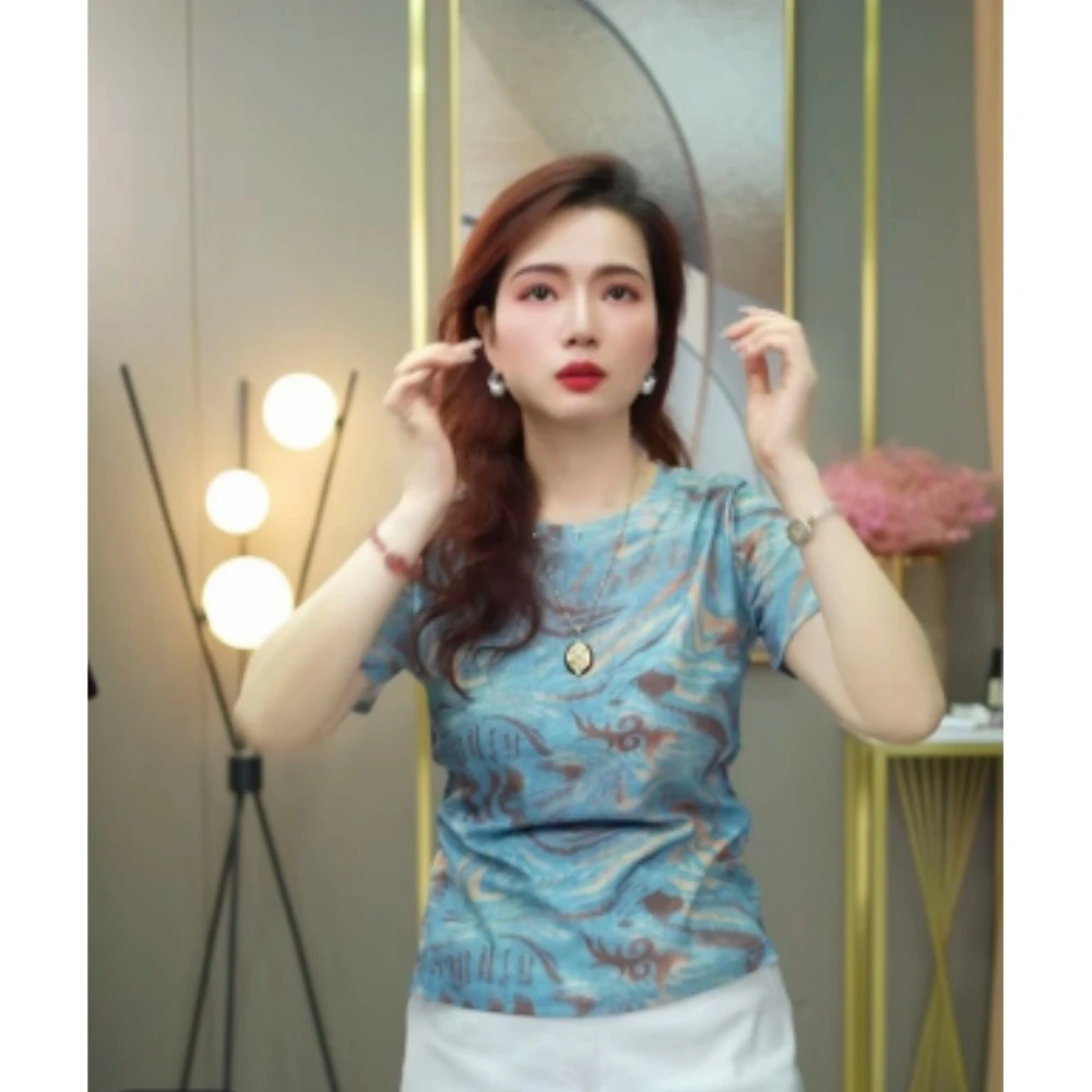 【老板娘推荐】夏新款圆领（不定位花）上衣时尚显瘦气质短袖时尚9093