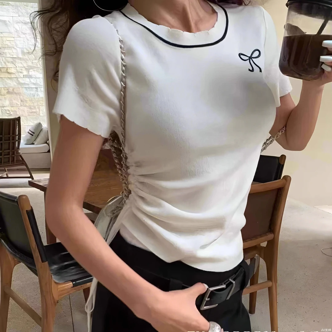 网红爆款辣妹时尚上衣2025夏季新品短袖蝴蝶结褶皱短款收腰T恤衫