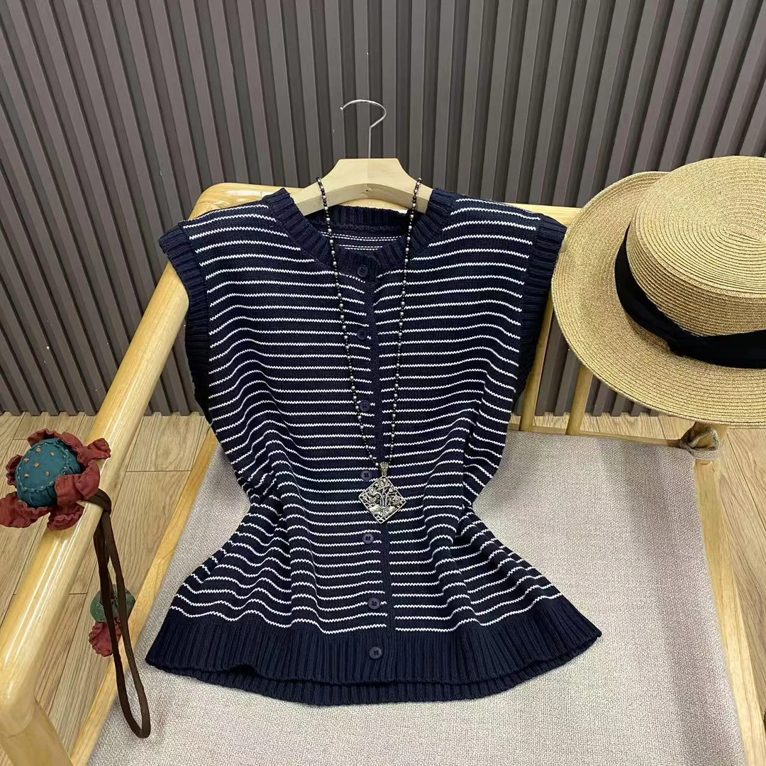 早秋圆领条纹无袖针织开衫羊毛混纺宽松百搭显瘦马甲背心女Z733