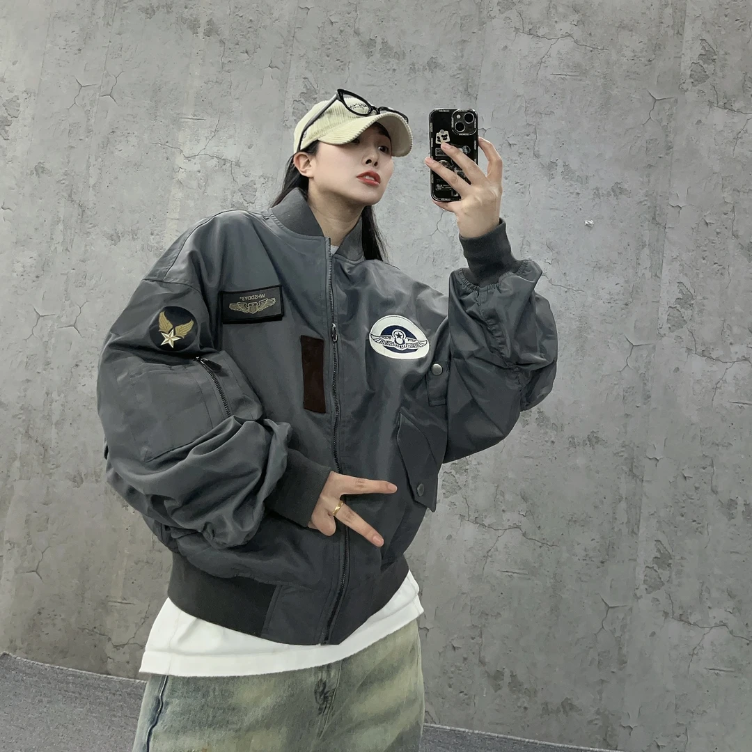 尹小鸡 美式MA1飞行员夹克刺绣徽章宽松复古棒球服外套男女 1034