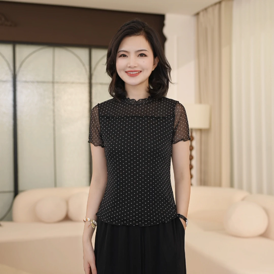 【针织桑蚕丝】枫竺阿楠anan花边领透气弹力网纱波点女夏季真丝小衫