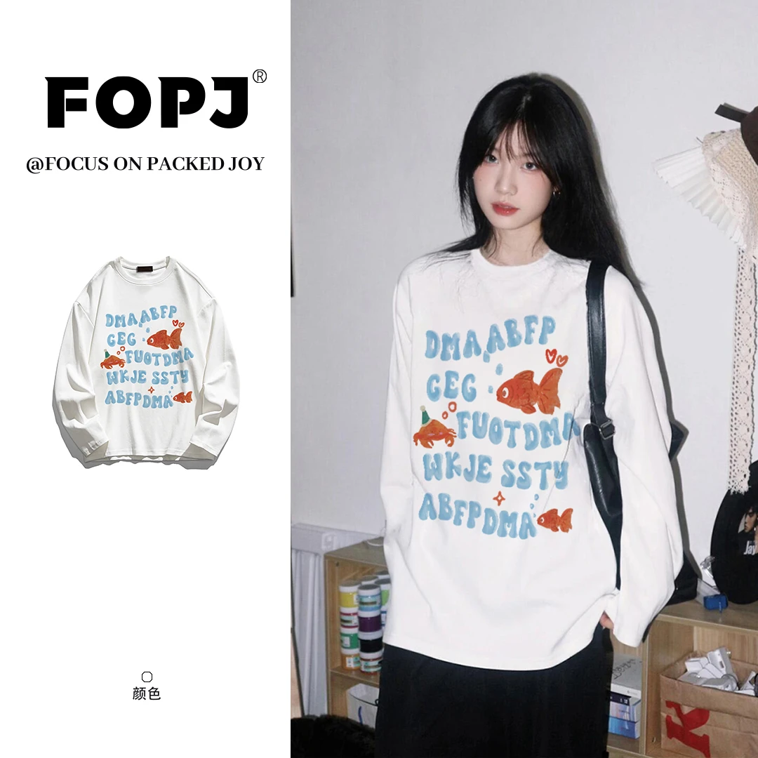 FOPJ早秋新款慵懒风纯棉长袖T恤女设计感金鱼印花圆领打底衫上衣