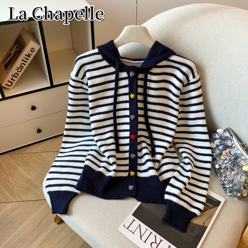 拉夏贝尔秋季慵懒风条纹撞色针织开衫女洋气百搭宽松显瘦打底毛衣