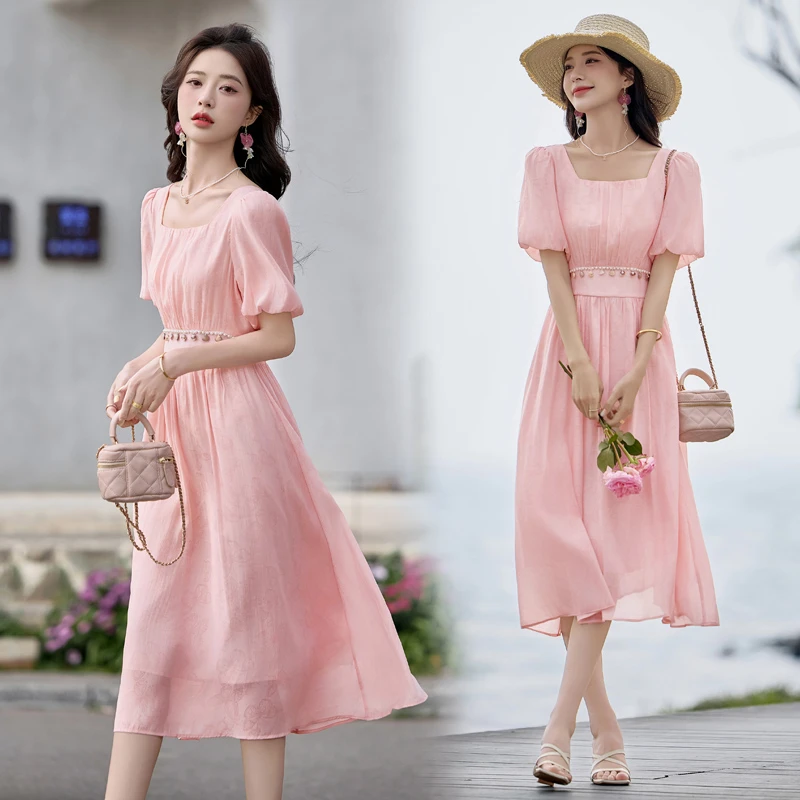 2025夏季方领印花温柔风仙女裙简约设计感泡泡袖高腰连衣裙显瘦