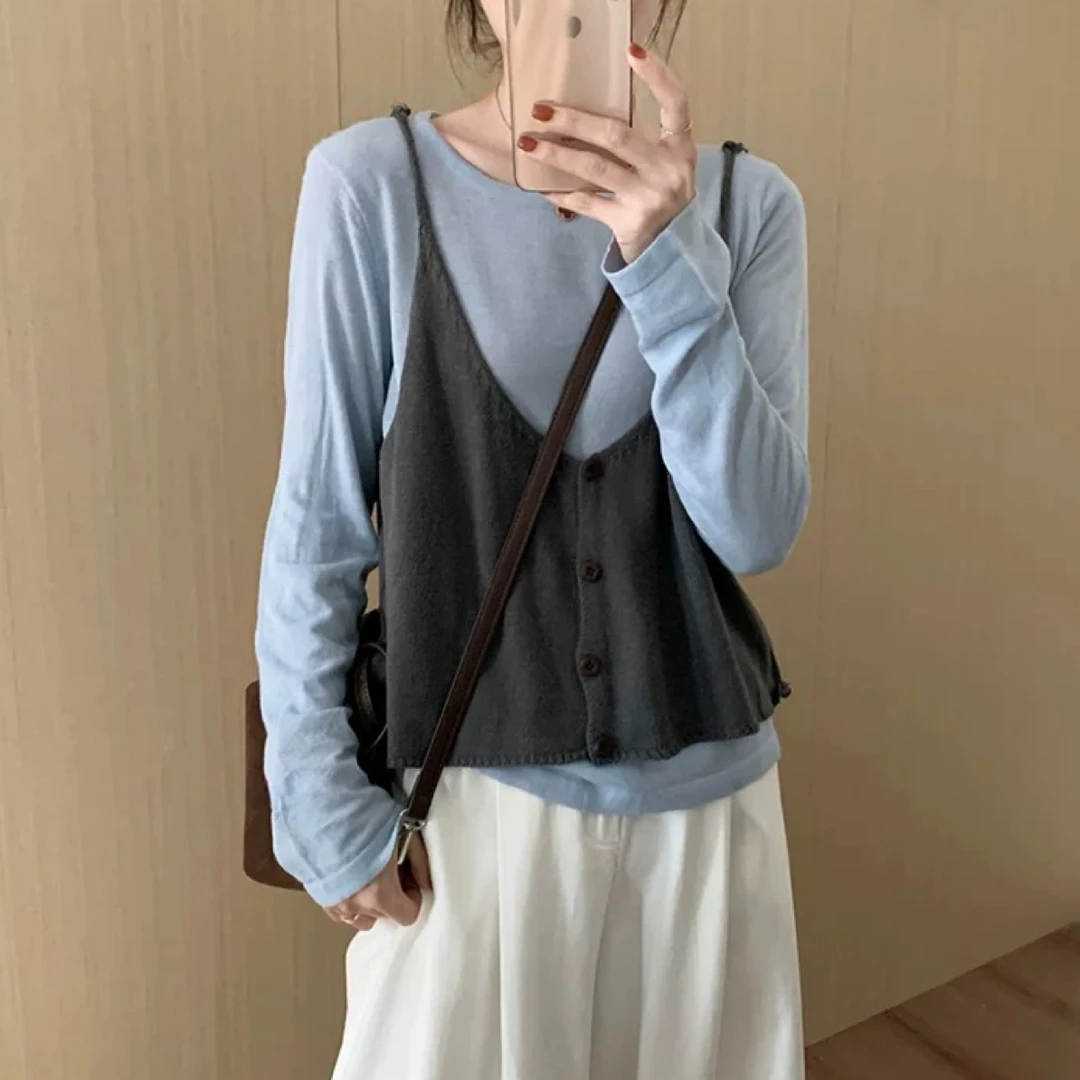 2025秋季新款女装长袖背心女圆领套头打底衫上衣两件套