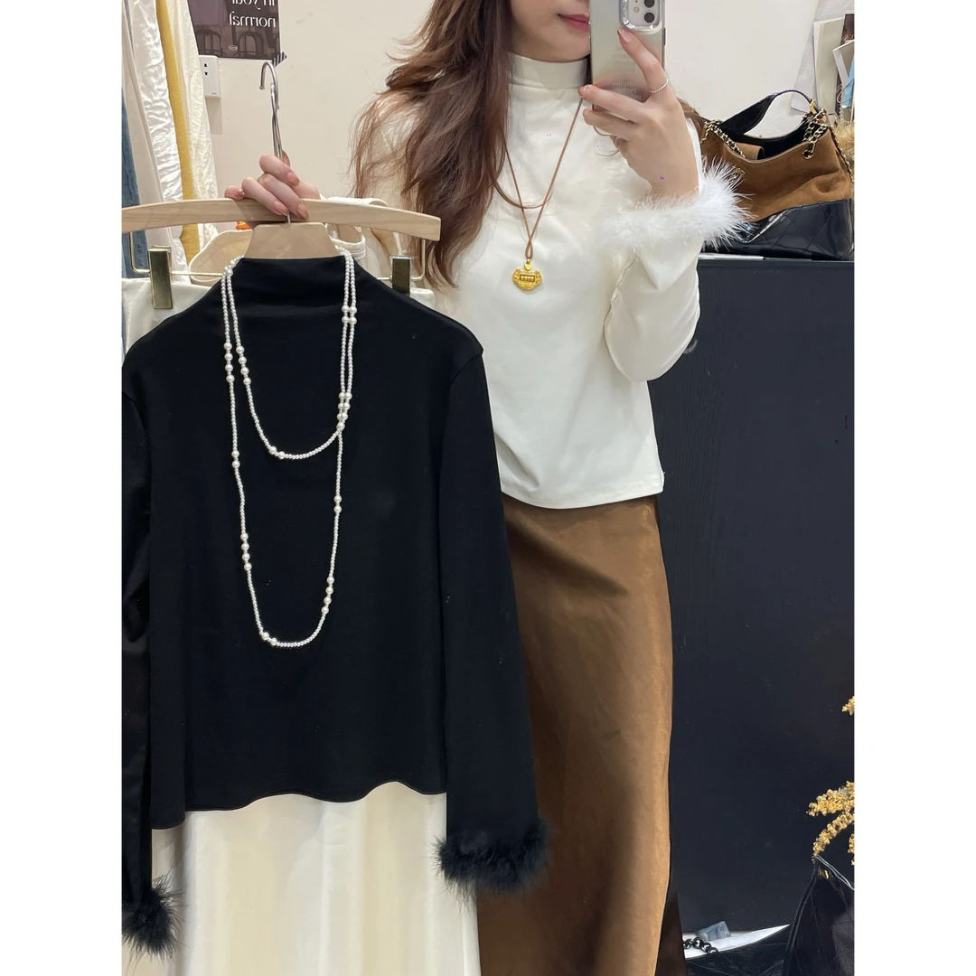 NS「百搭伴侣」ins秋冬季设计感毛毛袖子气质百搭显瘦半高领T恤上衣