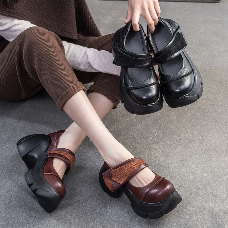 头层牛皮2025春季新款文艺风一字带松糕跟单鞋头层牛皮小个子女鞋