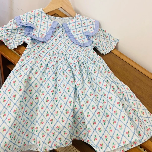 女童2025夏季翻领碎花连衣裙棉布洋气