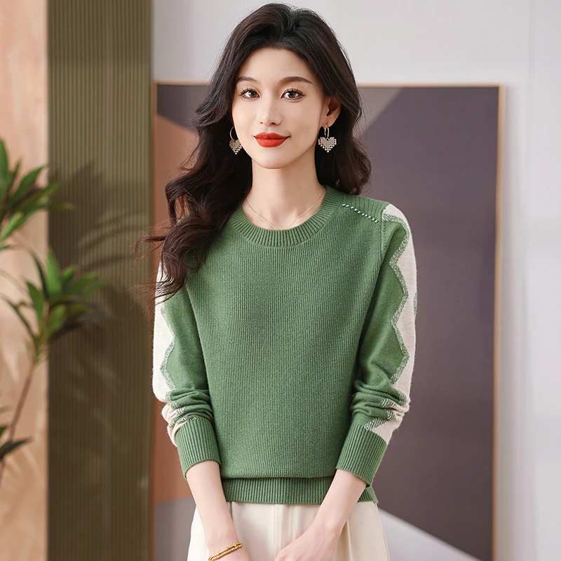 2025春秋新款时尚拼色圆领薄款长袖针织衫女休闲百搭时尚女装上衣