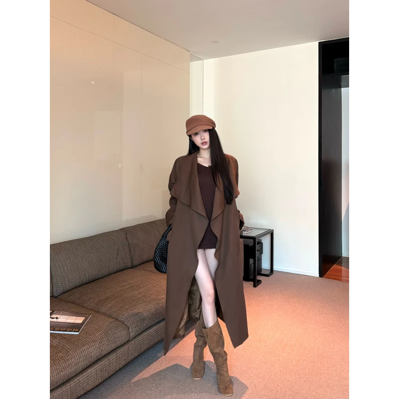 新款秋冬季大翻领长袖加厚外套复古宽松中长款休闲气质开衫大衣女