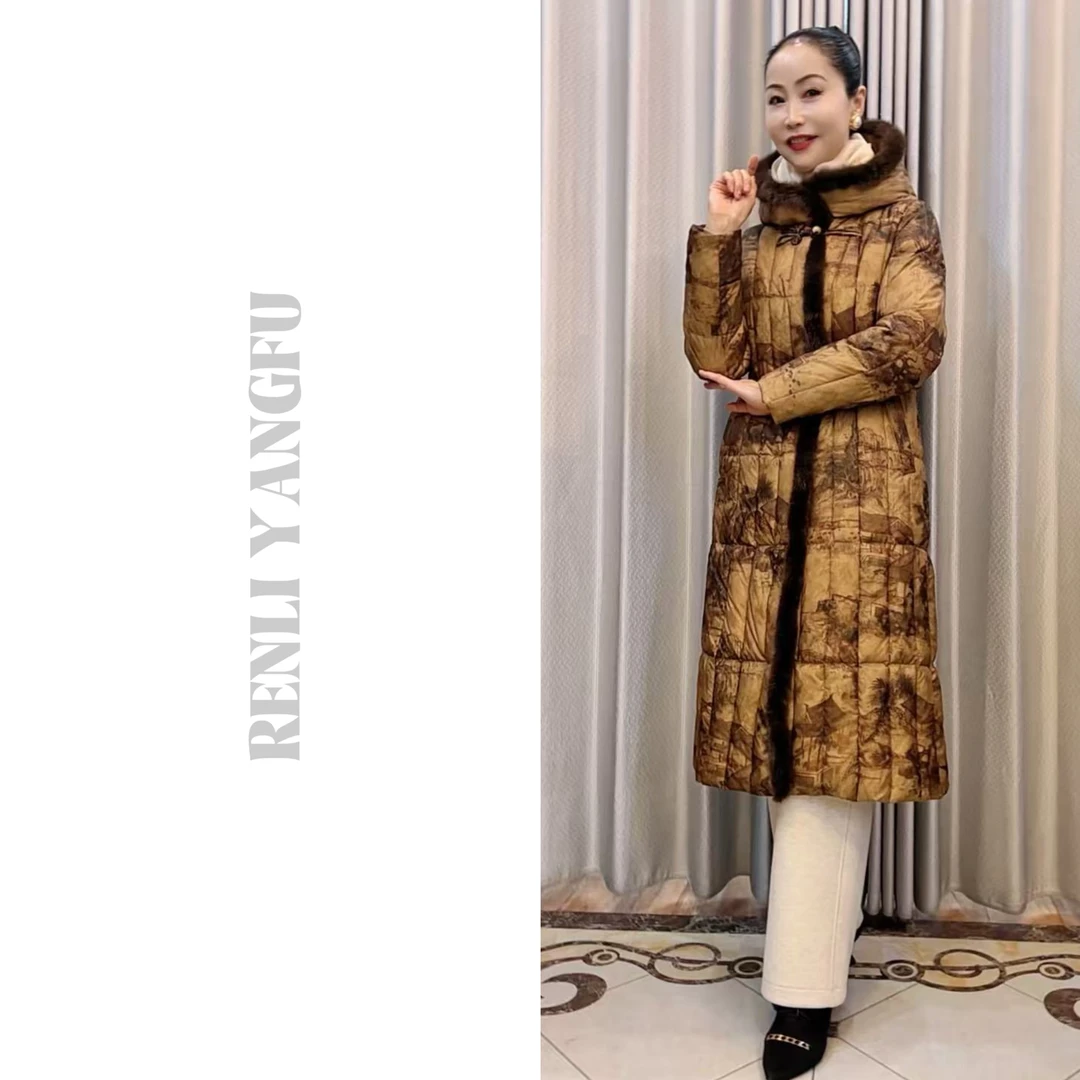 【江雪】冬中式古典艺术美学长款毛领连帽鸭绒羽绒服6707