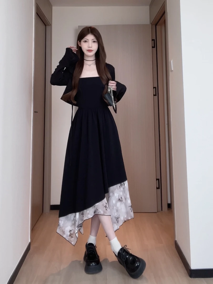 清仓77黑色纯欲裙摆拼接碎花裙不规则裙摆吊带连衣裙B251Q0204