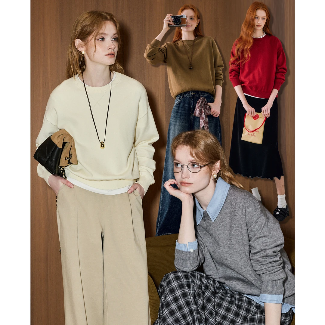 库恩玛维Clean Fit风纯色圆领毛衣女2025年冬新款础款简约针织衫