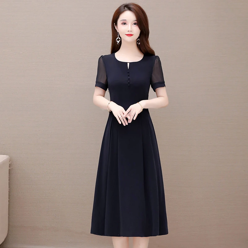 气质收腰短袖连衣裙女2025年夏季新款洋气十三行妈妈修身显瘦裙子