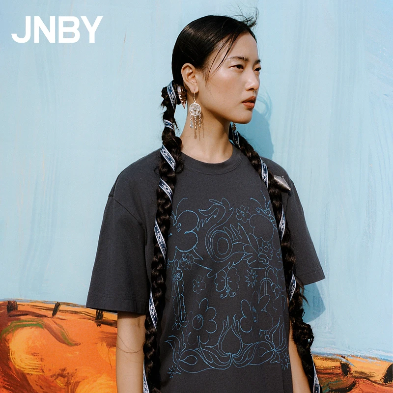 JNBY/江南布衣夏季女装T恤纯棉宽松型圆领蝴蝶纹短袖女5O4112800
