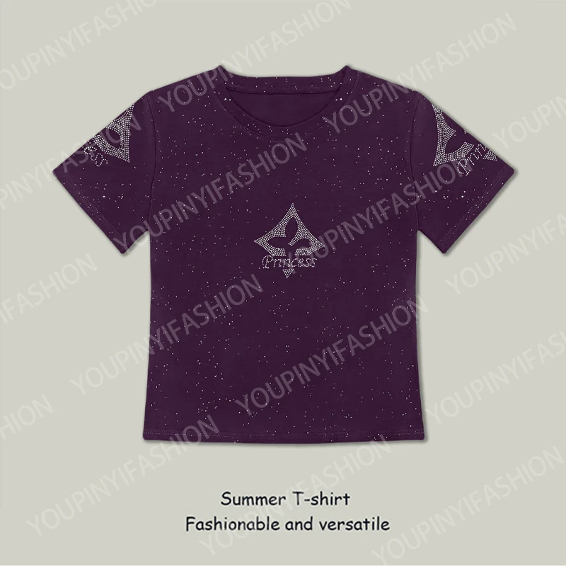 短袖T恤女2025夏季新款满印撒银五角星字母烫钻显瘦时尚圆领上衣